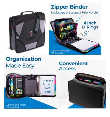 King Size Mighty Zip Tab Binder, 3 Rings, 4" Capacity, 11 x 8.5, Black